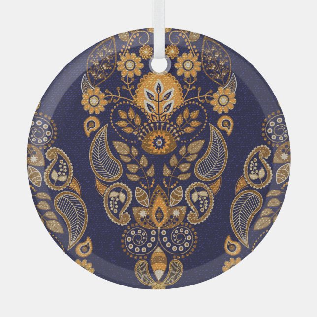 Gold and blue, floral seamless pattern. glass tree decoration (Front)