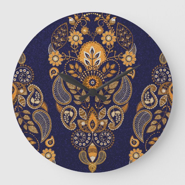 Gold and blue, floral seamless pattern. large clock (Front)