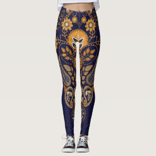 Gold and blue, floral seamless pattern. leggings