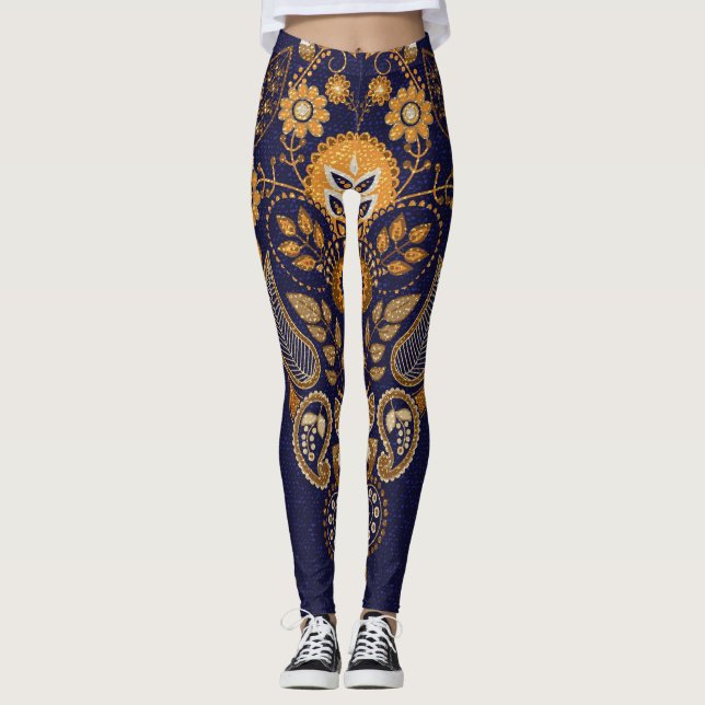 Gold and blue, floral seamless pattern. leggings (Front)