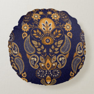 Gold and blue, floral seamless pattern. round cushion