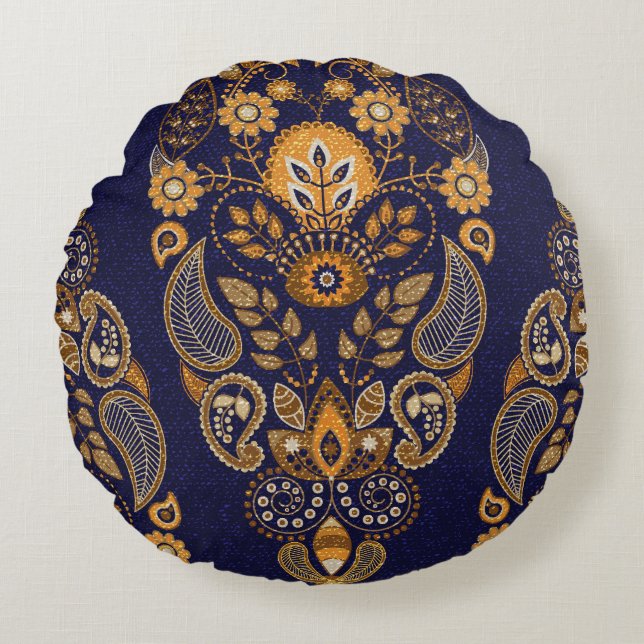 Gold and blue, floral seamless pattern. round cushion (Front)