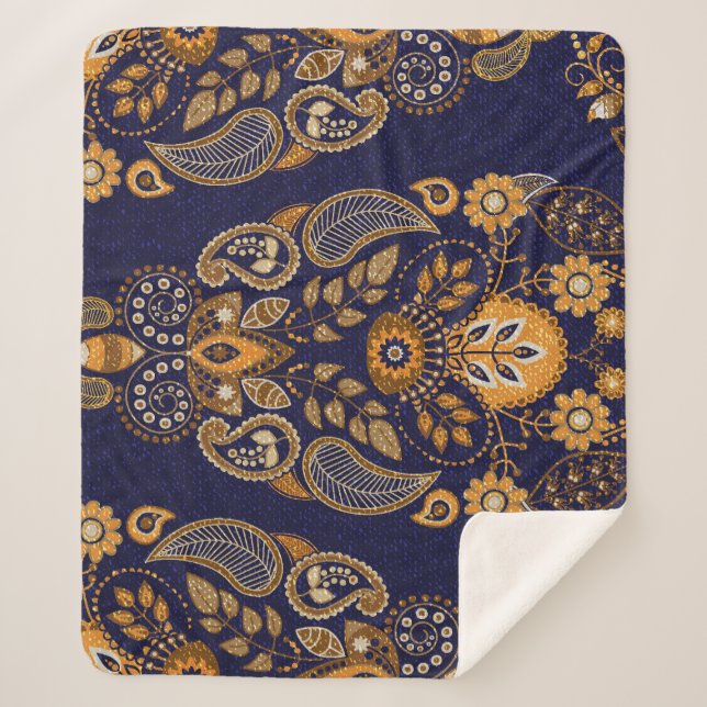Gold and blue, floral seamless pattern. sherpa blanket (Front)