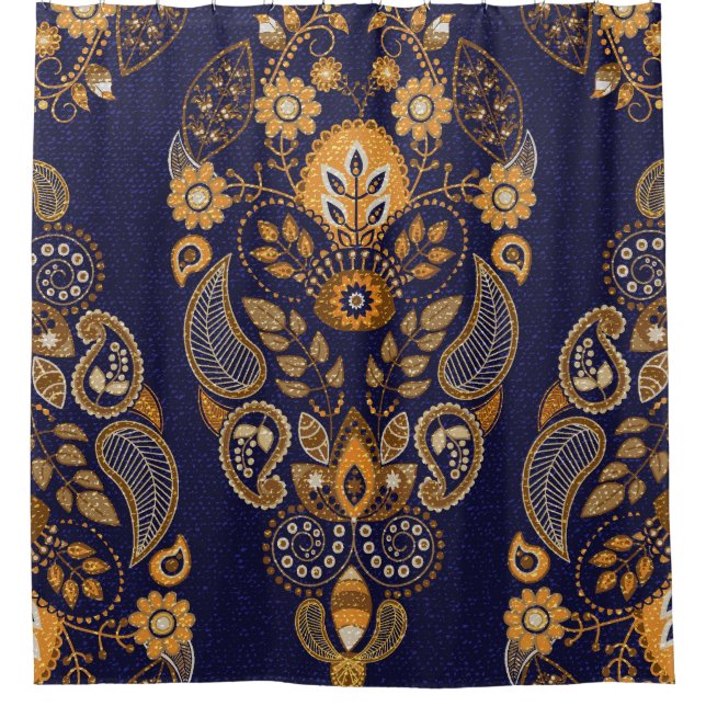 Gold and blue, floral seamless pattern. shower curtain (Front)