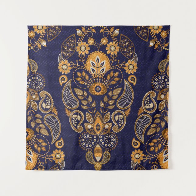 Gold and blue, floral seamless pattern. tapestry (Front)