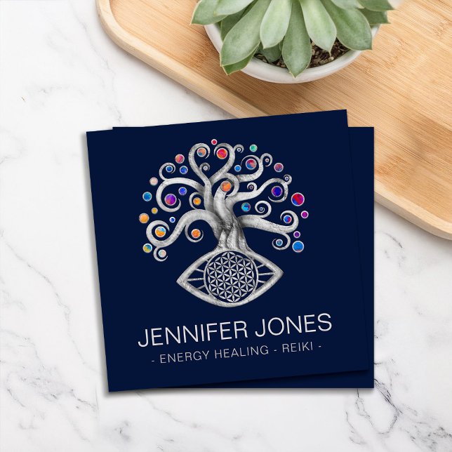 Gold and blue Flower of life ornament Square Business Card (Creator Uploaded)