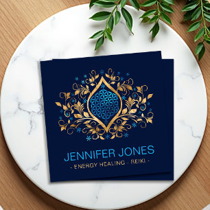 Gold and blue Flower of life ornament  Square Business Card