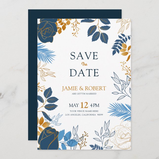Gold and blue flowers modern wedding frame invitation (Front/Back)