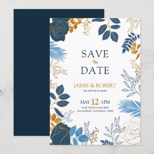 Gold and blue flowers modern wedding frame invitation