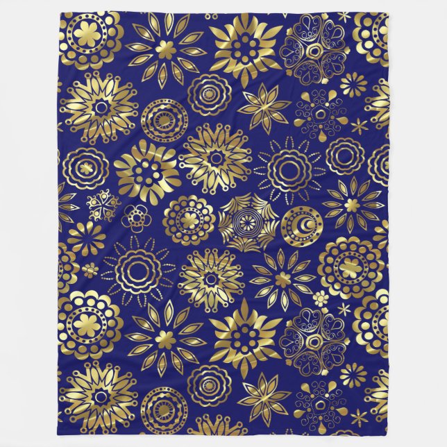 Gold And Blue Geometric Irises Pattern Fleece Blanket (Front)