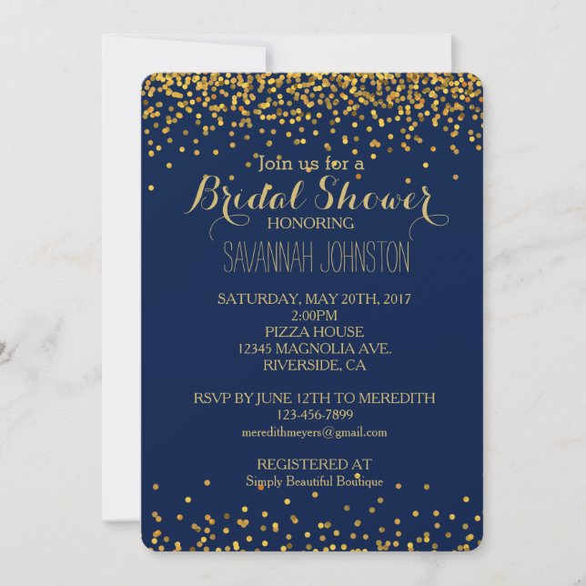 Gold and Blue Glam Confetti Dots bridal shower Invitation (Front)