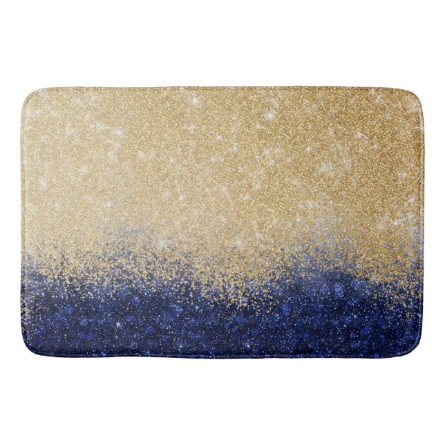 Gold and Blue Glitter Ombre Luxury Design Bath Mat (Front)