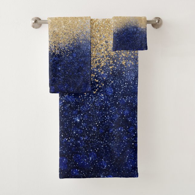Gold and Blue Glitter Ombre Luxury Design Bath Towel Set (Insitu)