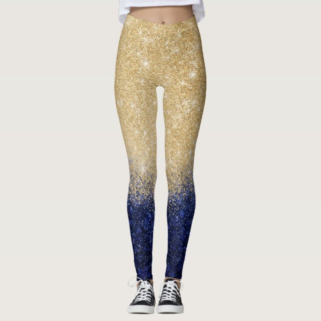 Gold and Blue Glitter Ombre Luxury Design Leggings (Front)