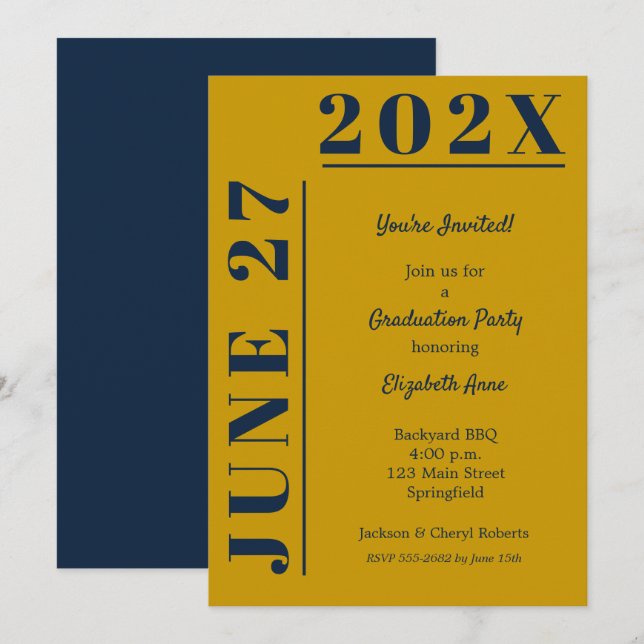 Gold and Blue Graduation Party Invitation (Front/Back)