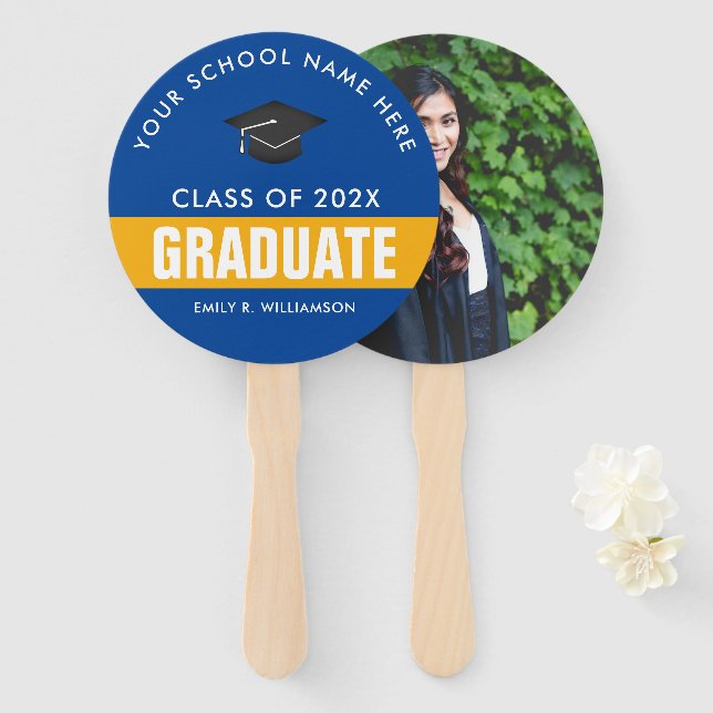 Gold and Blue Graduation Personalised Hand Fan (Front and Back)