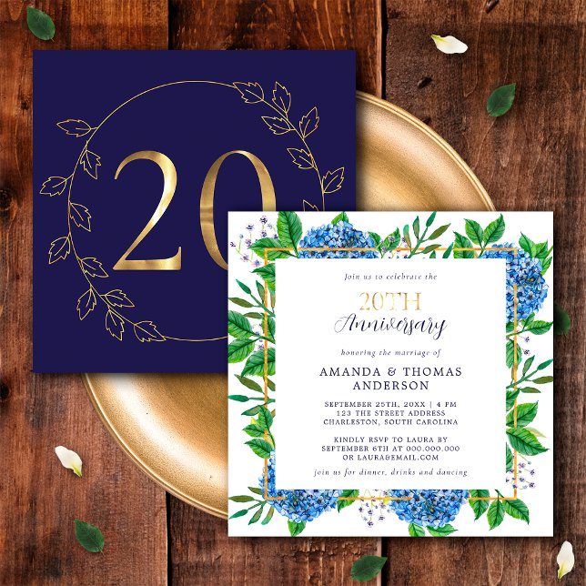 Gold and Blue Hydrangea 20th Wedding Anniversary Invitation (Front / Back)