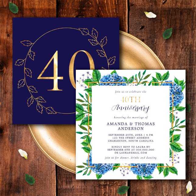 Gold and Blue Hydrangea 40th Wedding Anniversary Invitation (Front / Back)