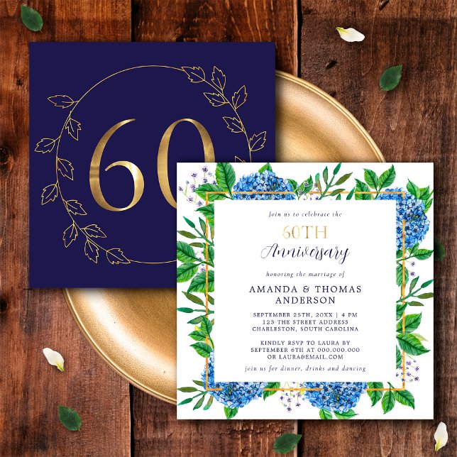 Gold and Blue Hydrangea 60th Wedding Anniversary Invitation (Front / Back)