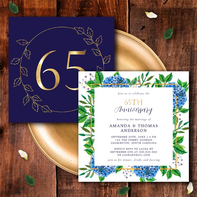 Gold and Blue Hydrangea 65th Wedding Anniversary Invitation (Front / Back)