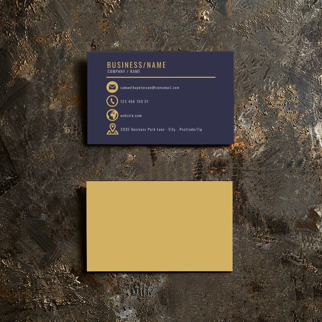 Gold and blue icons business card (Gold and blue icons business card on a clean blue background.)