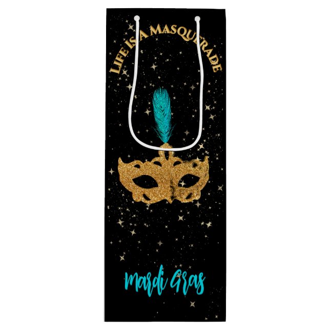 Gold and Blue Mask Mardi Gras Party Wine Gift Bag (Front)