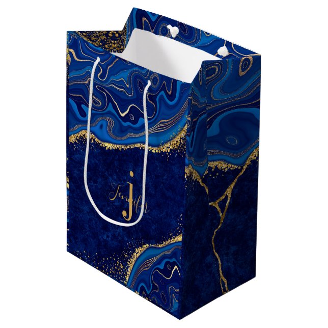 Gold and Blue Modern Elegant Agate Glitter Custom Medium Gift Bag (Front Angled)