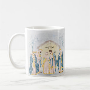 Gold and blue nativity holiday coffee mug