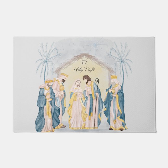 Gold and blue nativity holiday  doormat (Front)