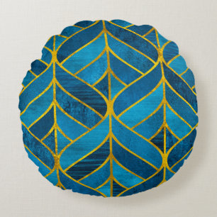 Gold and blue pattern on grunge background, seamle round cushion