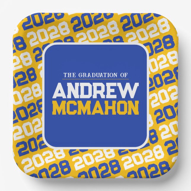 Gold and Blue Personalised Graduation Square Paper Plate (Front)