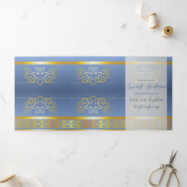 Gold and Blue Photo Sweet 16 Party Invitation (Outside)