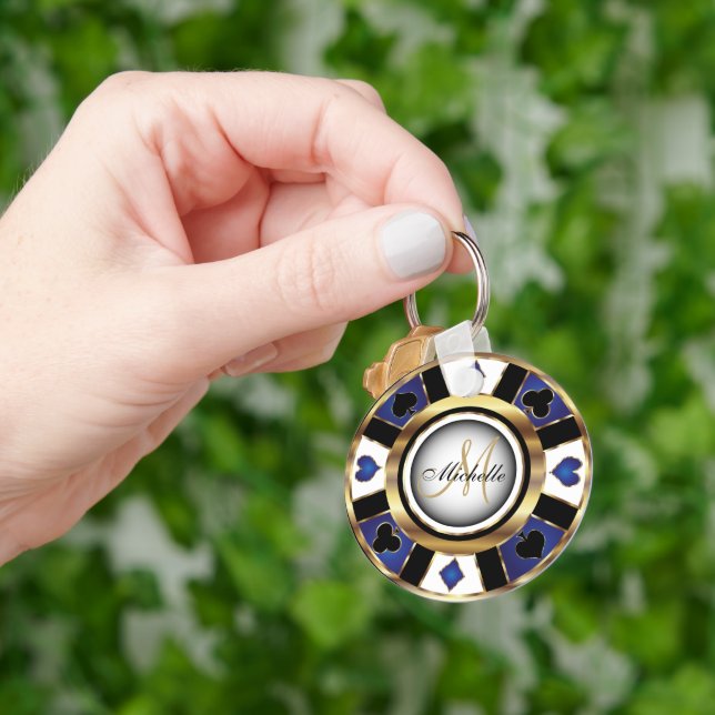 Gold and Blue Poker Chip Design - Monogram  Key Ring (Hand)