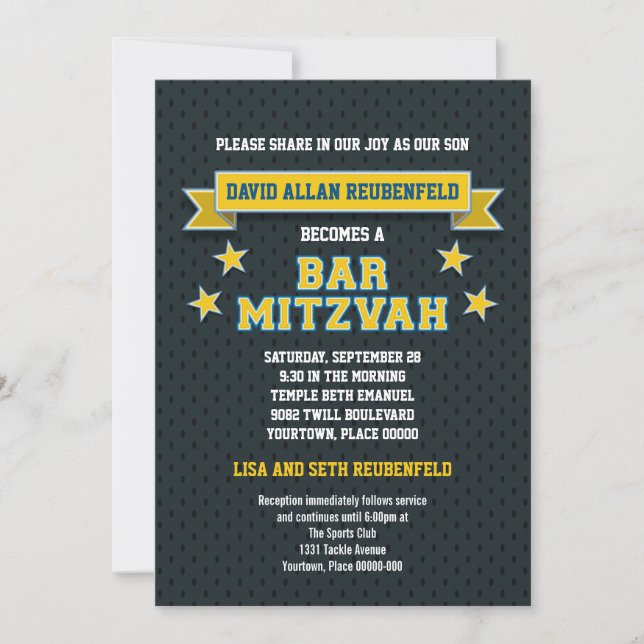 Gold and Blue Sports Tackle Twill Bar Mitzvah Invitation (Front)