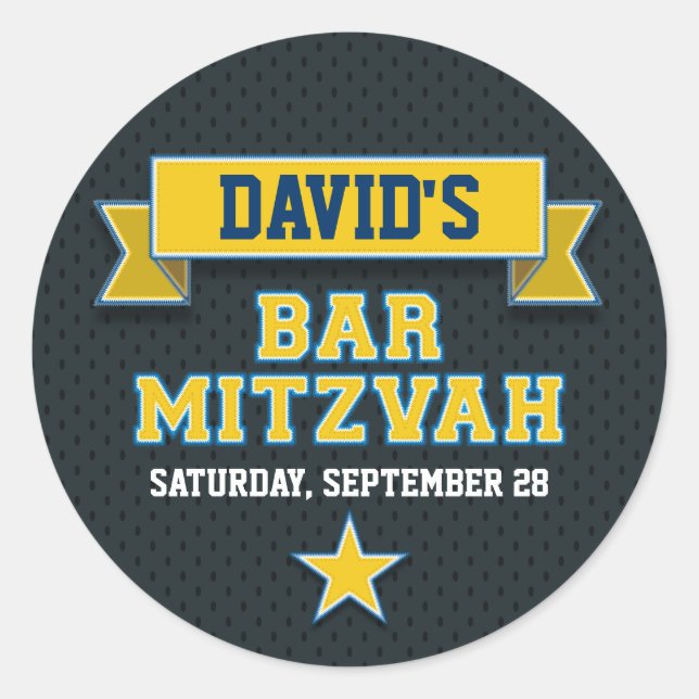 Gold and Blue Sports Tackle Twill Bar Mitzvah RSVP Classic Round Sticker (Front)
