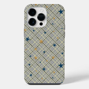 Gold and blue stars on a grey chequered background iPhone 14 pro max case
