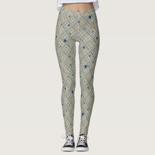 Gold and blue stars on a grey chequered background leggings