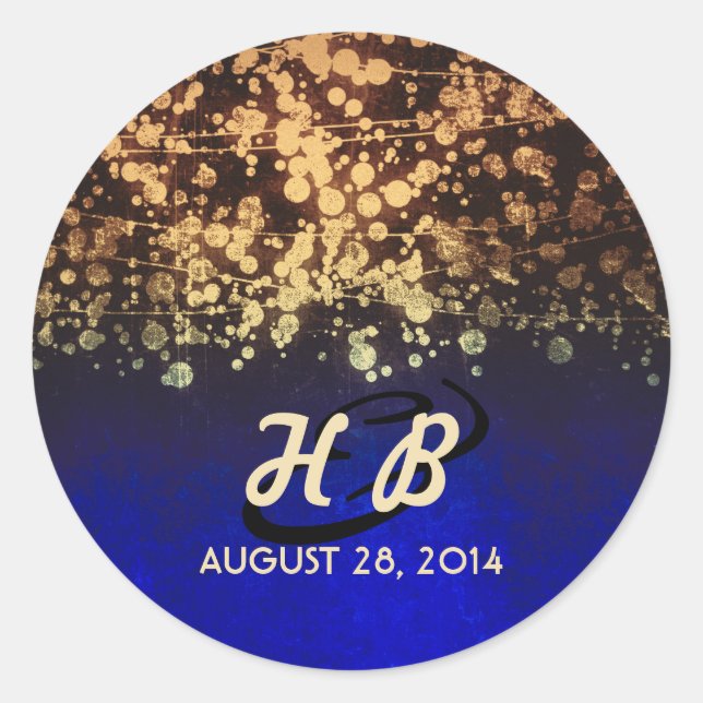 gold and blue string lights rustic wedding classic round sticker (Front)