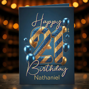 Gold and Blue Stripes and Balloons 21st Birthday  Card