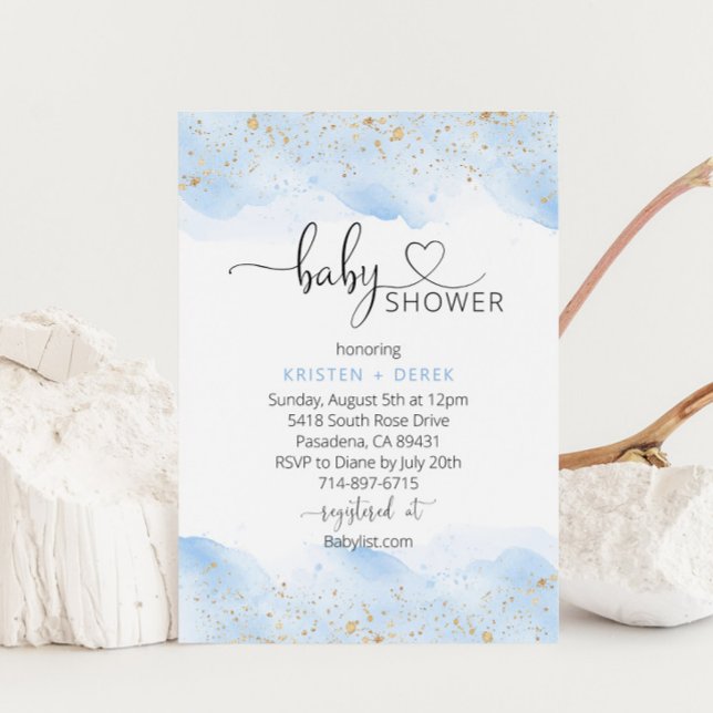 Gold and Blue Watercolor Baby Shower  Invitation (Creator Uploaded)