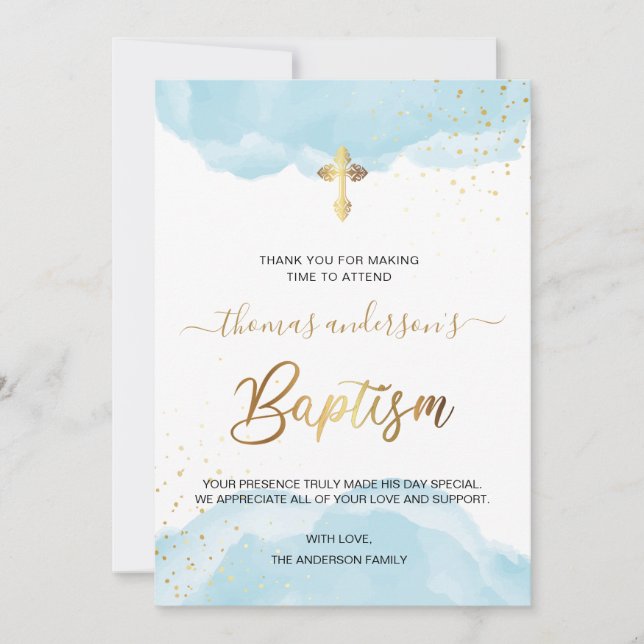 Gold And Blue Watercolor Boy Baptism Thank You Card (Front)