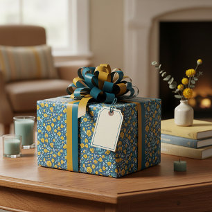 Gold and blue watercolor floral pattern wrapping paper