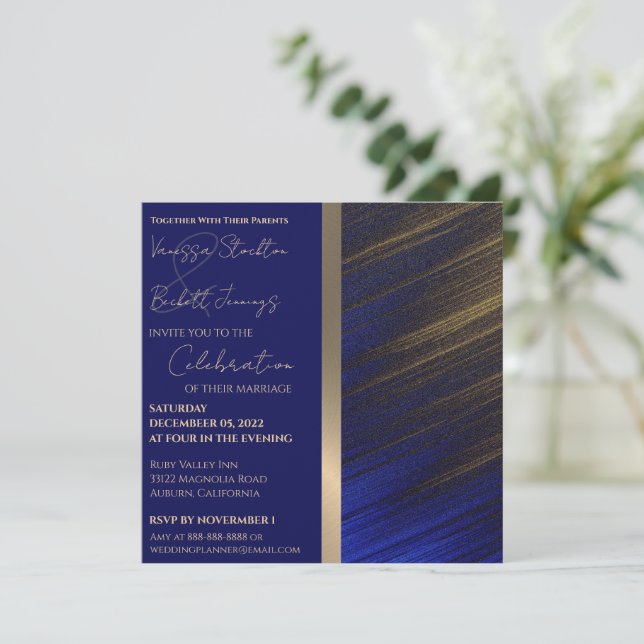 Gold and Blue Wedding Invitation (Standing Front)