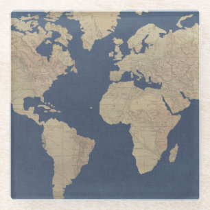 Gold and Blue World Map Glass Coaster