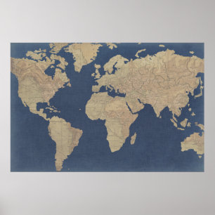 Gold and Blue World Map Poster