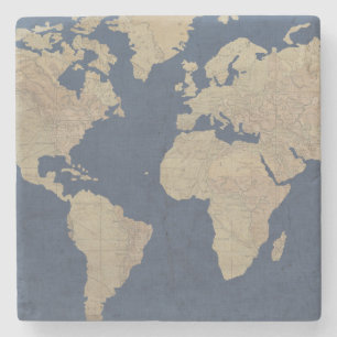 Gold and Blue World Map Stone Coaster