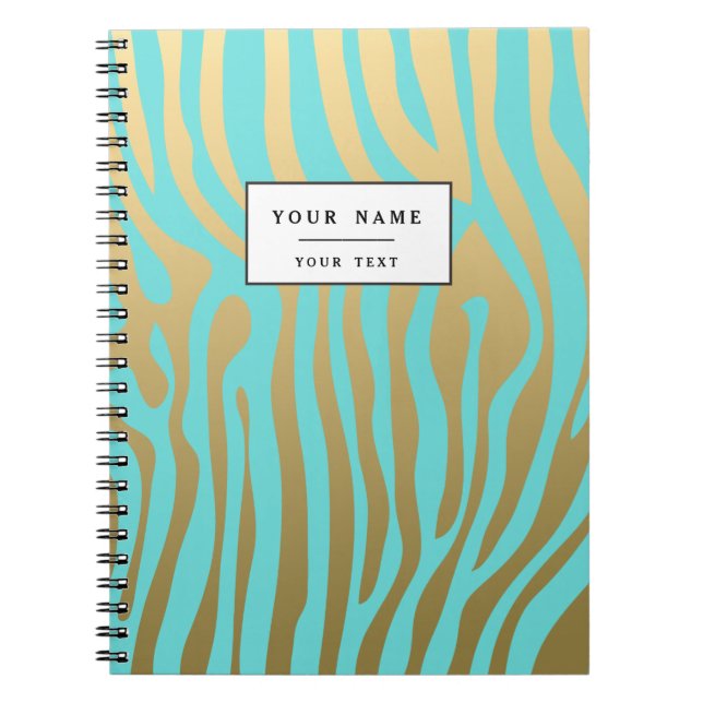 Gold and Blue Zebra Stripes Pattern Spiral Notebook (Front)