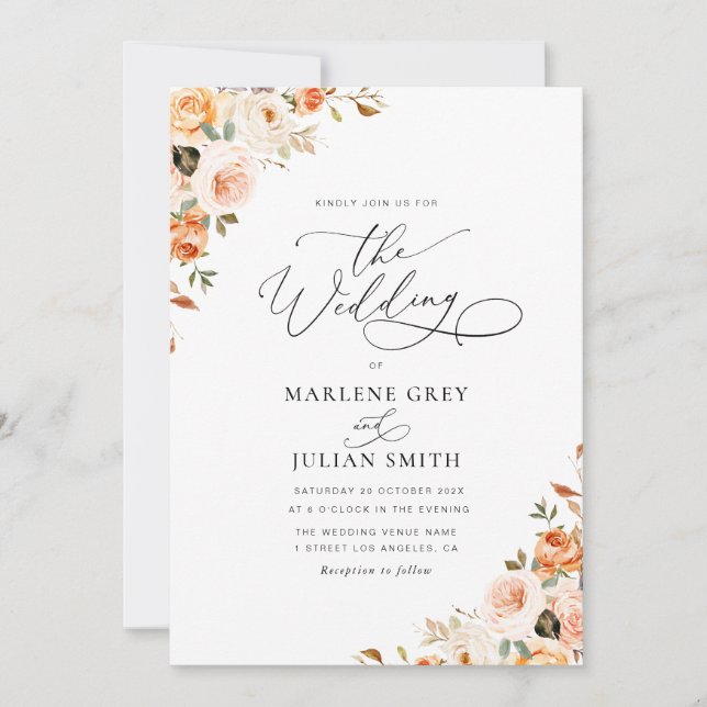 gold and blush fall floral wedding invitation (Front)