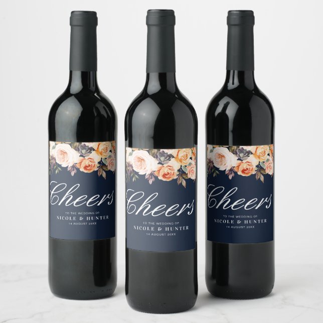 gold and blush floral navy blue wedding wine label (Bottles)