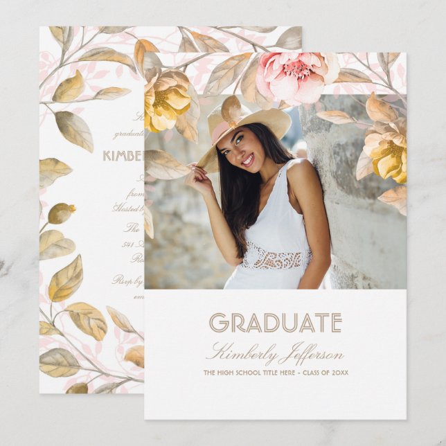 Gold and Blush Floral Watercolor Photo Graduation Invitation (Front/Back)